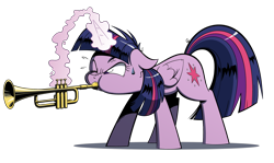 Size: 1850x1100 | Tagged: safe, artist:php104, twilight sparkle, alicorn, pony, rhythm is magic, g4, female, frustrated, mare, musical instrument, simple background, solo, sweat, transparent background, trumpet, twilight sparkle (alicorn)