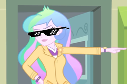 Size: 708x472 | Tagged: safe, edit, edited screencap, screencap, princess celestia, principal celestia, rainbow dash, equestria girls, g4, music to my ears, deal with it, hand on hip, mlg, pointing, sunglasses, swag glasses