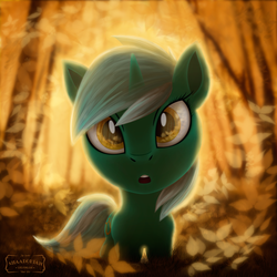 Size: 3500x3500 | Tagged: safe, artist:shaadorian, lyra heartstrings, pony, unicorn, g4, chibi, female, forest, high res, looking at you, solo, tree