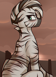 Size: 1024x1408 | Tagged: safe, artist:whitepone, oc, oc only, oc:xenith, zebra, fallout equestria, bandage, chromatic aberration, fanfic, fanfic art, female, injured, looking back, mare, sitting, solo, zebra oc