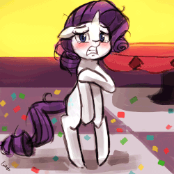Size: 750x750 | Tagged: safe, artist:lumineko, rarity, sweetie belle, g4, make new friends but keep discord, 30 minute art challenge, animated, bait and switch, blushing, bronybait, covering, crying, embarrassed, female, gif, humiliation, jumpscare, naked rarity, protective little sister, signature, sisters, slow animation, wait for it, we don't normally wear clothes