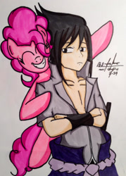 Size: 1536x2148 | Tagged: safe, artist:mr-skyliner34, pinkie pie, g4, crossover, frown, naruto, naruto: shippūden, smiling, traditional art, uchiha sasuke