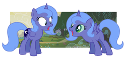 Size: 900x418 | Tagged: safe, artist:flausch-katzerl, princess luna, changeling, g4, doppelganger, filly, the fun has been doubled, woona