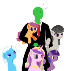 Size: 1361x1341 | Tagged: safe, artist:tinybeasts, octavia melody, princess cadance, scootaloo, trixie, oc, oc:anon, pony, unicorn, g4, female, harem, mare, polygamy