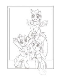 Size: 1269x1598 | Tagged: artist needed, safe, apple bloom, scootaloo, sweetie belle, oc, oc:anon, earth pony, human, pegasus, pony, unicorn, g4, clothes, female, filly, fourth wall, monochrome, necktie, photo, polygamy, sketch, traditional art, wip