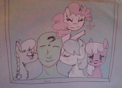 Size: 902x648 | Tagged: safe, artist:cherry, cheerilee, coco pommel, pinkie pie, silver spoon, oc, oc:anon, g4, harem, kissing, polygamy