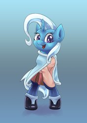 Size: 751x1063 | Tagged: safe, artist:lovelyneckbeard, trixie, pony, g4, bipedal, boots, cape, clothes, female, looking at you, open mouth, solo