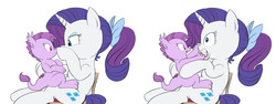 Size: 1601x600 | Tagged: safe, artist:carnifex, rarity, oc, oc:lavender, dracony, hybrid, g4, alternate hairstyle, boop, chair, cute, grabbing, gritted teeth, gums, hair bow, hug, interspecies offspring, mama rarity, nose wrinkle, offspring, open mouth, parent:rarity, parent:spike, parents:sparity, ponytail, simple background, sitting, smiling, white background, wide eyes