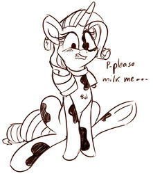 Size: 1932x2183 | Tagged: safe, artist:emberkaese, rarity, cow, cow pony, pony, unicorn, g4, begging, bell, bell collar, blushing, collar, cowbell, ear tag, female, gritted teeth, implied milking, monochrome, raricow, sitting, solo, species swap, teeth, underhoof