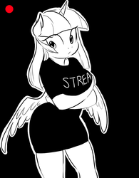 Size: 781x1000 | Tagged: safe, artist:glacierclear, twilight sparkle, anthro, g4, :<, breasts, busty twilight sparkle, clothes, crossed arms, female, livestream, monochrome, shirt, solo, twilight sparkle (alicorn)