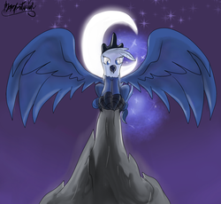 Size: 2500x2300 | Tagged: safe, artist:manfartwish, princess luna, griffon, g4, behaving like a bird, birds doing bird things, female, griffonized, high res, looking at you, looking down, moon, night, perch, sitting, solo, sparkles, species swap, spread wings