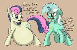 Size: 1306x846 | Tagged: safe, artist:variant, bon bon, lyra heartstrings, sweetie drops, earth pony, pony, unicorn, g4, angry, belly, bon vore, casual vore, dialogue, female, fetish, implied death, implied digestion, lyra is not amused, mare, simple background, vore, willing prey, willing vore