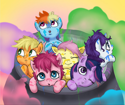 Size: 1025x863 | Tagged: safe, artist:doublewbrothers, applejack, fluttershy, pinkie pie, rainbow dash, rarity, twilight sparkle, g4, cauldron, cropped, cute, filly, mane six, messy mane