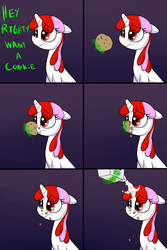 Size: 1333x2000 | Tagged: safe, artist:datte-before-dawn, oc, oc only, oc:dattepone, oc:righty tighty, abuse, comic, cookie, dialogue, female, floppy ears, frown, magic, milk, offscreen character, sad, telekinesis, woobie
