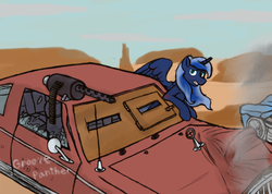 Size: 1080x768 | Tagged: safe, artist:thebathwaterhero, princess luna, pony, g4, accident, blood, car, gun, machine gun, solo, weapon