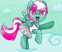 Size: 1024x872 | Tagged: safe, artist:csox, spring step, sunlight spring, pegasus, pony, g4, cheerleader, clothes, cloud, cloudy, cute, flying, sky, solo
