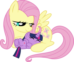 Size: 1024x858 | Tagged: safe, artist:rockint765, fluttershy, twilight sparkle, pony, fanfic:fluttershy's foal, g4, age regression, baby, baby pony, babylight sparkle, cute, eyes closed, fanfic, fanfic art, female, filly, filly twilight sparkle, fluttermom, foal, on back, prone, shyabetes, sleeping, smiling, twiabetes, younger