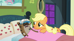 Size: 960x540 | Tagged: safe, applejack, apple family reunion, g4, bed, crossover, male, not creepy, regular show, rigby (regular show)