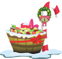 Size: 900x855 | Tagged: safe, artist:agryx, apple bloom, g4, apple, candy cane, christmas, hearth's warming eve, hiding, lurking, ribbon, snow