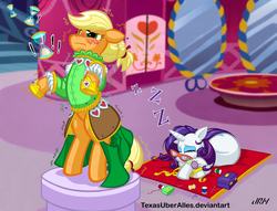 Size: 720x551 | Tagged: safe, artist:texasuberalles, applejack, rarity, earth pony, pony, unicorn, g4, blushing, carousel boutique, clothes, dress, dressmaking, duo, glasses, hourglass, measuring tape, rarity's glasses, shaking, sleeping, snoring, zzz