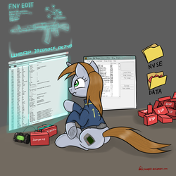 Size: 3000x3000 | Tagged: safe, artist:orang111, oc, oc only, oc:littlepip, pony, unicorn, fallout equestria, ak-74m, butt, clothes, fallout, fanfic, fanfic art, female, fnvedit, gun, high res, hologram, horn, jumpsuit, mare, mod, pipbuck, plot, scrunchy face, solo, vault suit, weapon