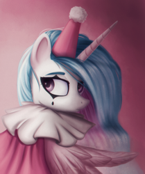 Size: 720x860 | Tagged: dead source, safe, artist:annielith, princess celestia, alicorn, pony, g4, clothes, clown, clown celestia, clown makeup, costume, face paint, female, frown, gradient background, harlequin, hat, lidded eyes, looking back, mare, ruff (clothing), sad, sad clown, solo