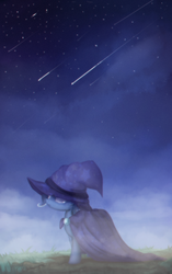 Size: 600x957 | Tagged: dead source, safe, artist:annielith, trixie, pony, unicorn, g4, cape, clothes, crying, female, hat, mare, night, sad, shooting star, solo, stars, teary eyes, trixie's cape, trixie's hat