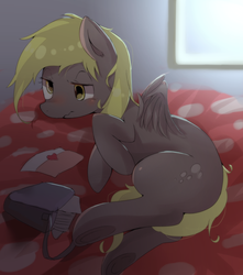 Size: 1018x1151 | Tagged: safe, artist:kora, derpy hooves, pegasus, pony, g4, bed, female, letter, love letter, mailbag, mare, saddle bag, sleepy, solo, tail between legs