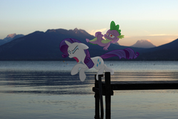 Size: 6000x4000 | Tagged: safe, artist:stormxf3, rarity, spike, g4, heart eyes, irl, lake, mountain, photo, pier, ponies in real life, vector, wingding eyes