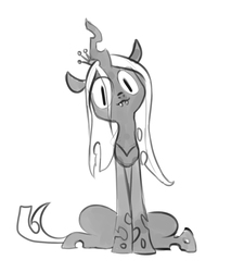 Size: 872x1024 | Tagged: safe, artist:imalou, queen chrysalis, changeling, changeling queen, g4, cute, cute little fangs, cutealis, fangs, female, grayscale, looking at you, mare, monochrome, simple background, sitting, slit pupils, solo, white background