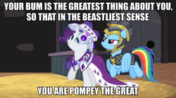 Size: 983x550 | Tagged: safe, screencap, commander hurricane, princess platinum, rainbow dash, rarity, g4, frown, glare, gritted teeth, image macro, measure for measure, meme, raised hoof, shakespearean insults, wide eyes