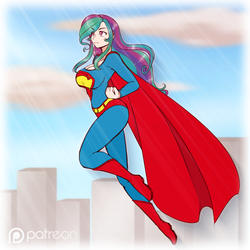 Size: 1024x1024 | Tagged: safe, artist:scorpdk, princess celestia, human, g4, breasts, busty princess celestia, cleavage, crossover, female, humanized, solo, supelestia, supergirl, superman