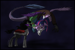 Size: 1200x798 | Tagged: safe, artist:smilydon, king sombra, twilight sparkle, draconequus, g4, draconequified, simple background, sombra eyes, twikonequus