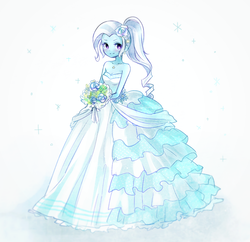 Size: 1000x968 | Tagged: safe, artist:weiliy, trixie, equestria girls, g4, alternate hairstyle, bare shoulders, beautiful, bouquet, bride, clothes, cute, diatrixes, dress, female, flower, solo, sparkles, wedding dress
