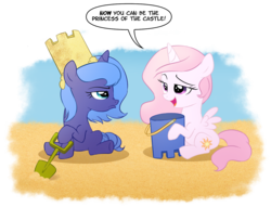 Size: 1451x1109 | Tagged: safe, artist:sketchyjackie, princess celestia, princess luna, g4, beach, bucket, cewestia, dialogue, duo, female, filly, filly celestia, filly luna, frown, hoof hold, nose wrinkle, open mouth, raised eyebrow, royal sisters, sand, sandcastle, sassy, shovel, siblings, simple background, sisters, sitting, smiling, smirk, transparent background, unamused, underhoof, woona, younger