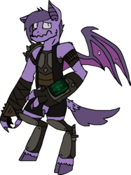 Size: 1686x2251 | Tagged: safe, artist:ravenquill, oc, oc only, oc:raven quill, bat pony, diamond dog, hybrid, pony, cloven hooves, fallout, fusion, mutant, pipboy, pipbuck, solo, unshorn fetlocks, wings