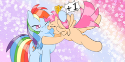 Size: 1280x642 | Tagged: safe, artist:fromamida, rainbow dash, scootaloo, pony, g4, make new friends but keep discord, cute, duo, eyes closed, female, filly, mare, one eye closed, open mouth, smiling, ticket