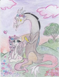 Size: 2550x3300 | Tagged: safe, artist:lacedra, discord, fluttershy, g4, female, flower in hair, high res, male, ship:discoshy, shipping, straight, traditional art