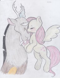 Size: 2550x3300 | Tagged: safe, artist:lacedra, discord, fluttershy, draconequus, pegasus, pony, g4, duo, female, friendship, high res, male, mare, traditional art