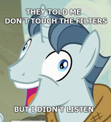 Size: 420x460 | Tagged: safe, party favor, pony, unicorn, g4, my little pony: friendship is magic, the cutie map, exploitable meme, filters, i didn't listen, image macro, male, meme, stallion