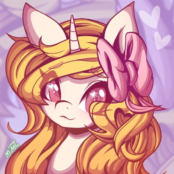 Size: 1000x1000 | Tagged: dead source, safe, artist:mimtii, oc, oc only, oc:sweet style, pony, unicorn, bow, bust, hair bow, heart eyes, solo, wingding eyes