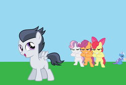 Size: 900x604 | Tagged: safe, artist:drpain, apple bloom, rumble, scootaloo, sweetie belle, trixie, pony, unicorn, g4, colt, cutie mark crusaders, evil smile, female, filly, foal, male, mare, this will end in tears