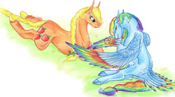 Size: 7887x4392 | Tagged: safe, artist:dawn22eagle, applejack, rainbow dash, earth pony, pegasus, pony, g4, absurd resolution, colored wings, colored wingtips, duo, female, lesbian, marriage proposal, rainbow feathers, ship:appledash, shipping, tail, tail feathers, underhoof, wings