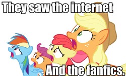 Size: 727x440 | Tagged: safe, apple bloom, applejack, rainbow dash, scootaloo, g4, sleepless in ponyville, dialogue, image macro, meme, shocked, simple background, the horror, vector, white background