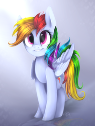 Size: 681x900 | Tagged: safe, artist:riddlekay, rainbow dash, g4, female, lip bite, looking up, solo, standing