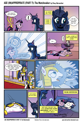 Size: 1750x2625 | Tagged: safe, artist:pony-berserker, princess luna, tiberius, twilight sparkle, oc, oc:ralph, alicorn, opossum, pegasus, pony, unicorn, comic:age (in)appropriate, g4, bed, butt, comic, exclamation point, eyes closed, female, gritted teeth, hypnosis, i can't believe it's not idw, magic, male, mare, moustache, on side, open mouth, plot, prank, prankster luna, prone, royal guard, sleeping, smiling, stallion, sweat, telekinesis, trolluna, wide eyes