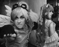 Size: 5989x4808 | Tagged: safe, artist:tygerbug, fluttershy, rainbow dash, human, g4, absurd resolution, clothes, cosplay, irl, irl human, monochrome, photo, traditional art