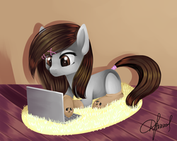 Size: 900x720 | Tagged: safe, artist:dinakitten, oc, oc only, blank flank, carpet, clothes, computer, eyeliner, laptop computer, makeup, socks, solo, tail wrap