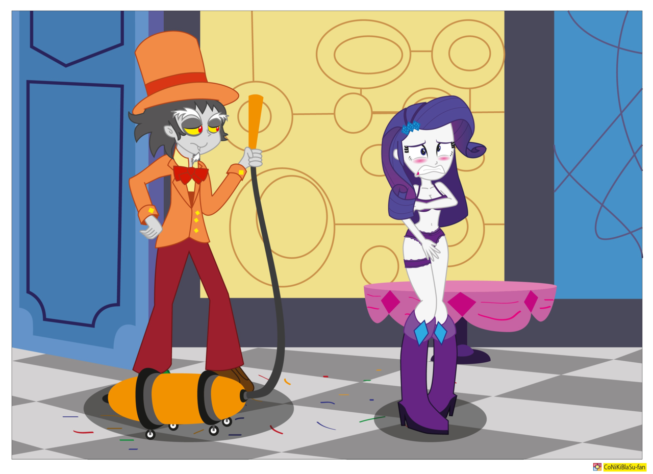 901853 - safe, alternate version, artist:conikiblasu-fan, discord, rarity,  equestria girls, g4, make new friends but keep discord, assisted exposure,  belly button, blushing, boots, bra, breasts, cleavage, clothes, clothing  theft, covering, embarrassed ...