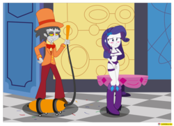 Size: 2688x1950 | Tagged: safe, alternate version, artist:conikiblasu-fan, discord, rarity, equestria girls, g4, make new friends but keep discord, assisted exposure, belly button, blushing, boots, bra, breasts, cleavage, clothes, clothing theft, covering, duo, embarrassed, embarrassed underwear exposure, equestria girls interpretation, equestria girls-ified, female, frilly underwear, garter, high heel boots, humiliation, lace, lingerie, naked rarity, nudity, panties, public humiliation, purple underwear, scene interpretation, shoes, shoes only, underwear, vacuum cleaner